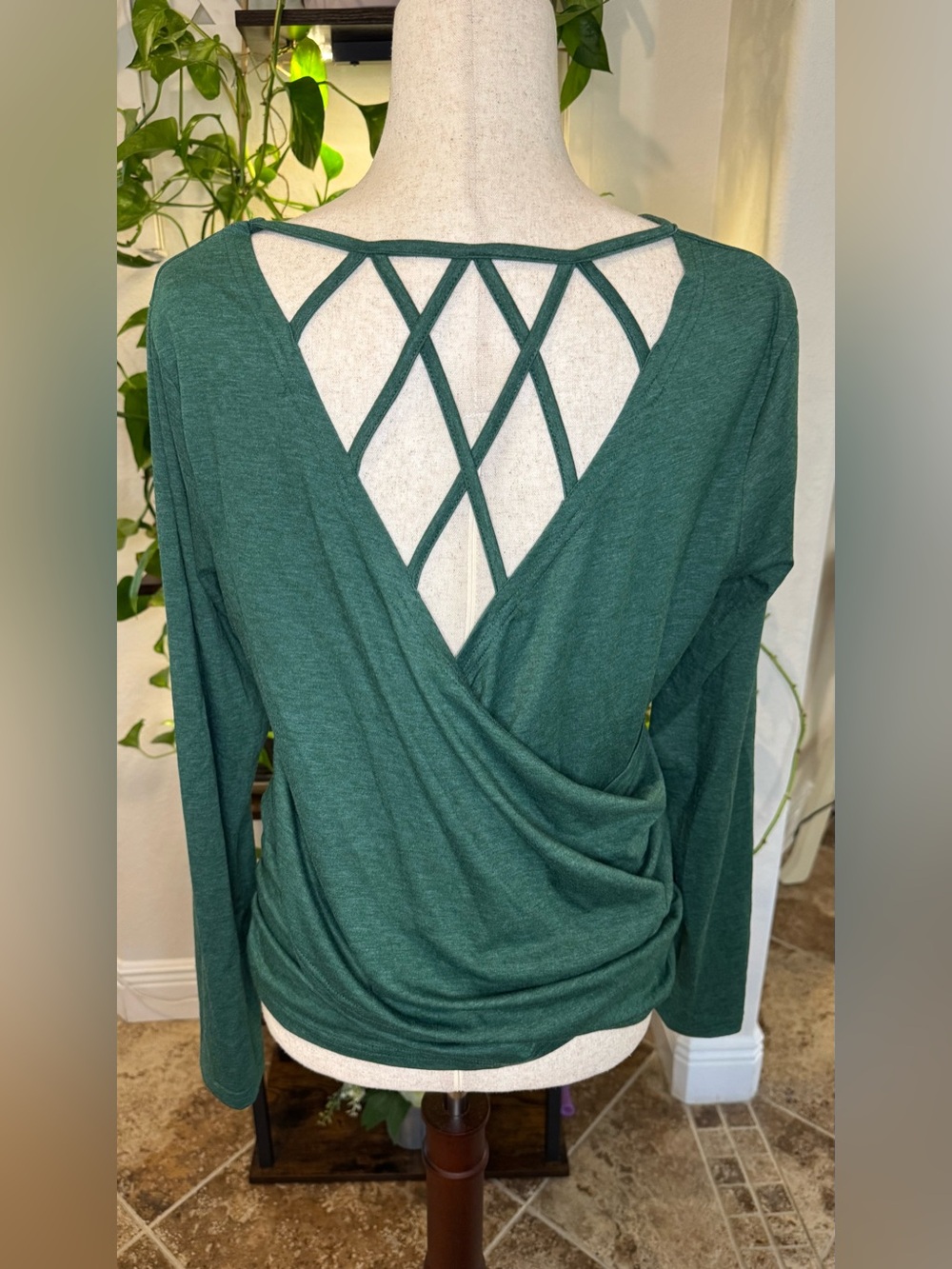 Women’s Lightweight Long-Sleeve Tee - Forest Green with Cut-Out/Criss-Cross Back
